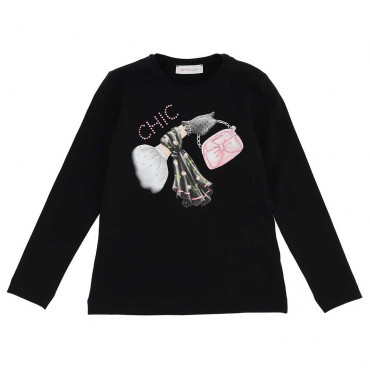 Czarna bluzka dla dziewczynki Monnalisa 004870 - ekskluzywna odzież dla dzieci i niemowląt - sklep internetowy