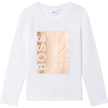 Koszulka dziewczęca biała ze złotym nadrukiem Hugo Boss 004931 - ubrania dla dzieci i nastolatek - sklep online euroyoung.pl