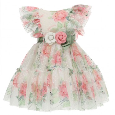 Elegancka, tiulowa sukienka dziewczęca w kwiaty Monnalisa 005041 - ekskluzywne ubranka dla dzieci
