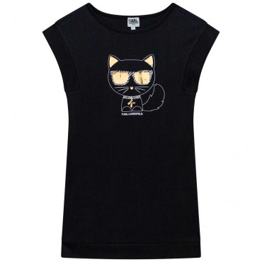 Czarna sukienka z kotem dla dziewczynki Karl Lagerfeld 005072 A