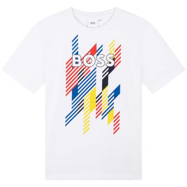 Biały t-shirt dla chłopca z nadrukiem Boss 005190 - A - koszulki i koszule dla dzieci