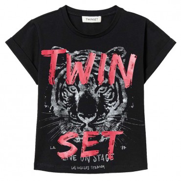 Czarny t-shirt dla dziewczynki Twin Set 005297 - A - rockowe koszulki dla dzieci