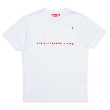 Biały t-shirt dla chłopca z logo 3D Diesel 005419 - A - markowe koszulki dla dzieci