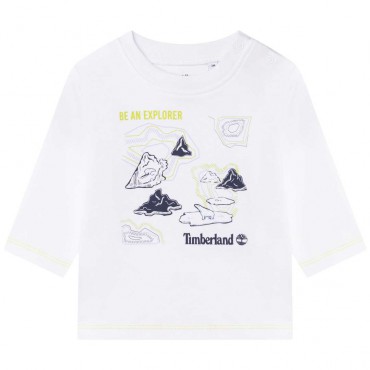 Niemowlęca koszulka dla chłopca Timberland 005558 - A - białe, ekologiczne bluzki z nadrukiem dla maluchów