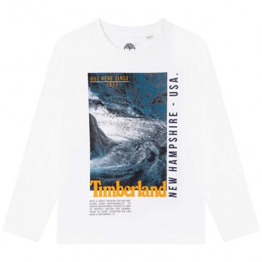 Biała koszulka chłopięca Timberland 005660 - A - bluzki z nadrukiem dla dzieci i nastolatków