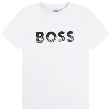 Biały t-shirt chłopięcy z nadrukiem Boss 005795 - A - ekskluzywne t-shirty dla dzieci i nastolatków