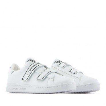 Białe buty dziecięce na rzepy EA7 005801 - A - sportowe sneakersy dla chłopców i dziewczynek