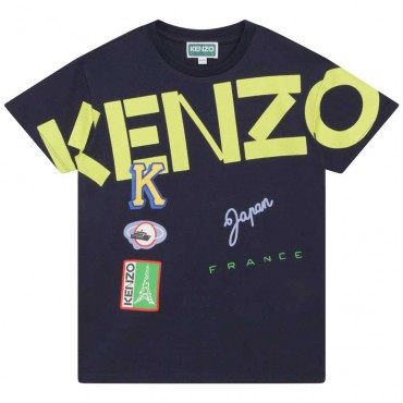 Koszulka chłopięca oversize Kenzo 006122 - A - granatowy t-shirt dla dziecka z nadrukiem