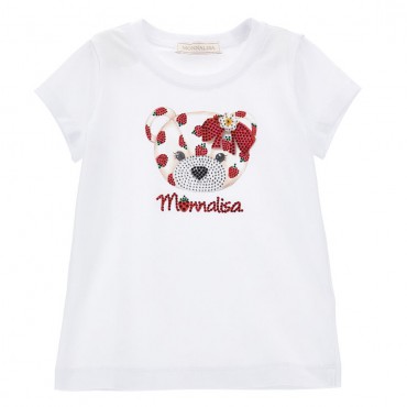 Biały t-shirt dziewczęcy z misiem Monnalisa 006605 - A - letnia koszulka dla dziecka