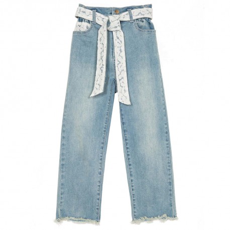 Jeansy dziewczęce z paskiem Twin Set 006623 - A - modne spodnie z koronką